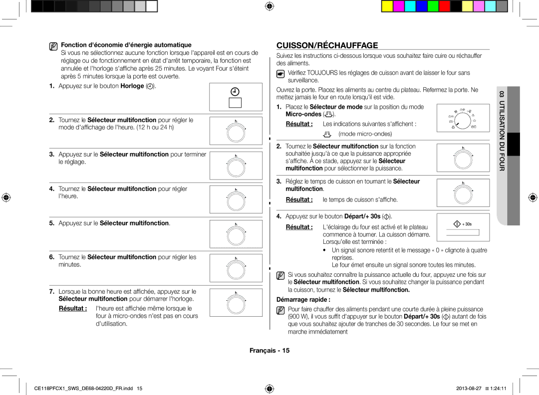 Samsung CE118PFCX1/SWS manual Cuisson/Réchauffage, Fonction déconomie dénergie automatique, Utilisation DU Four 