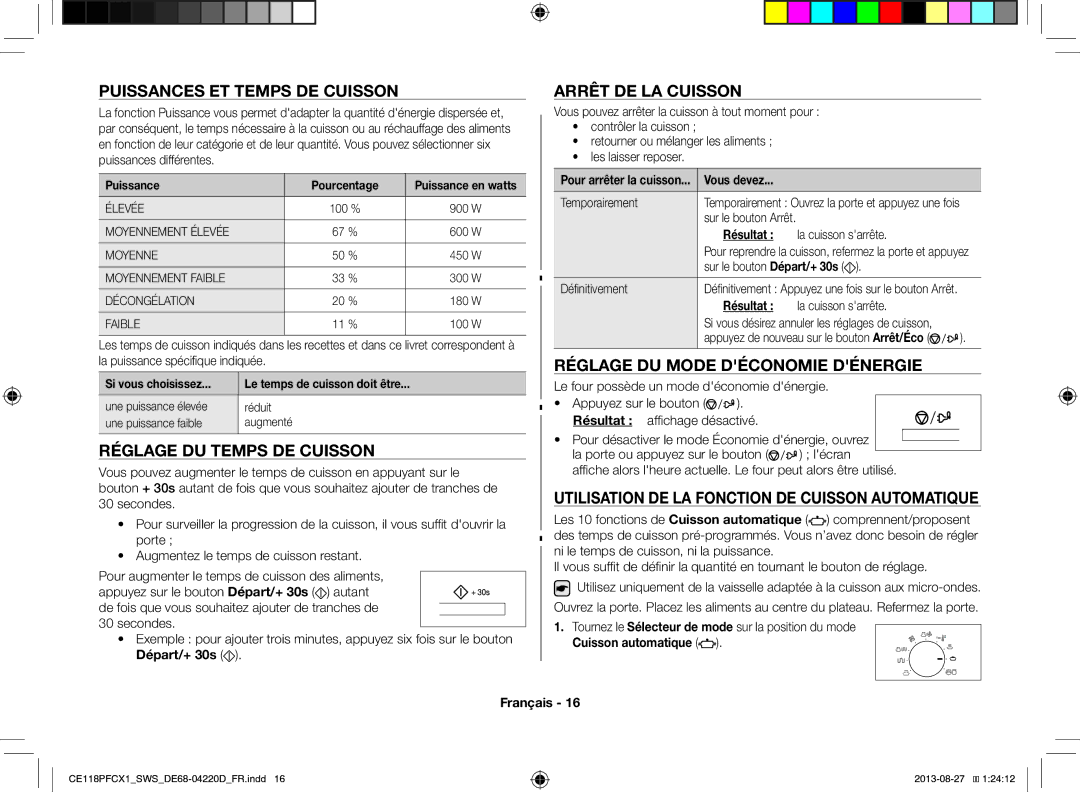 Samsung CE118PFCX1/SWS manual Puissances ET Temps DE Cuisson, Réglage DU Temps DE Cuisson, Arrêt DE LA Cuisson 