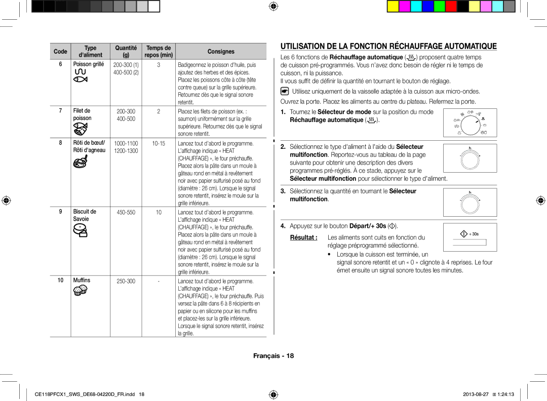 Samsung CE118PFCX1/SWS manual Utilisation DE LA Fonction Réchauffage Automatique, Lorsque la cuisson est terminée, un 