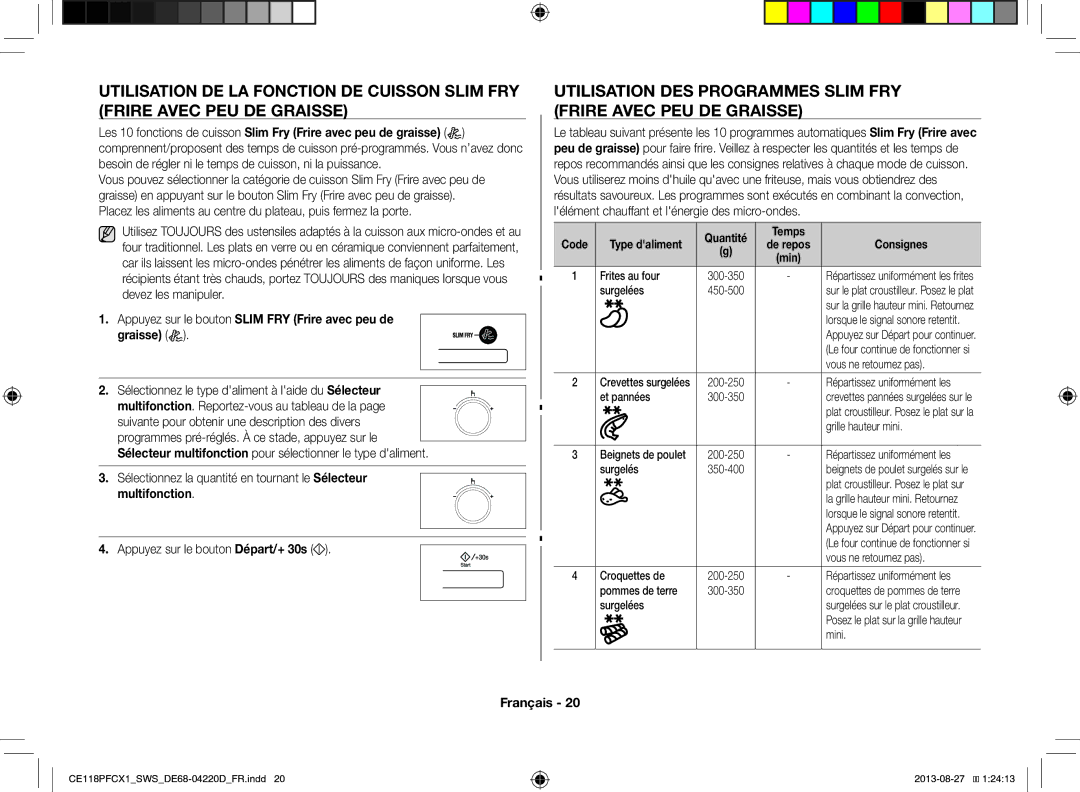 Samsung CE118PFCX1/SWS manual Appuyez sur le bouton Slim FRY Frire avec peu de graisse, Quantité Temps, Type daliment 