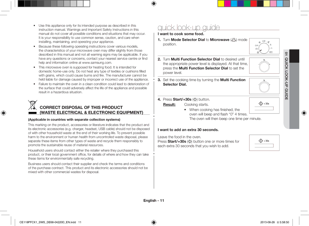 Samsung CE118PFCX1/SWS manual Quick look-up guide, Selector Dial, Want to add an extra 30 seconds, Quick LOOK-UP Guide 