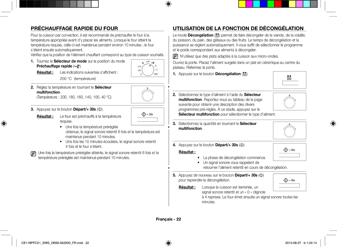 Samsung CE118PFCX1/SWS manual Préchauffage Rapide DU Four, Utilisation DE LA Fonction DE Décongélation, Température 