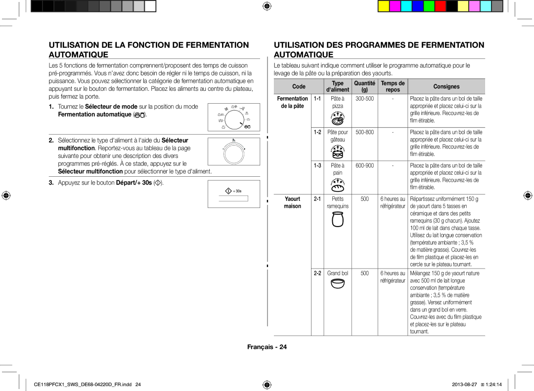 Samsung CE118PFCX1/SWS manual Utilisation DE LA Fonction DE Fermentation Automatique 