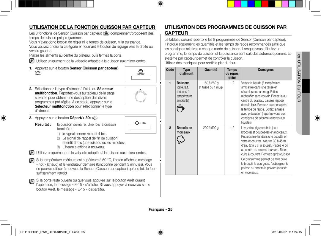 Samsung CE118PFCX1/SWS Utilisation DE LA Fonction Cuisson PAR Capteur, Utilisation DES Programmes DE Cuisson PAR Capteur 