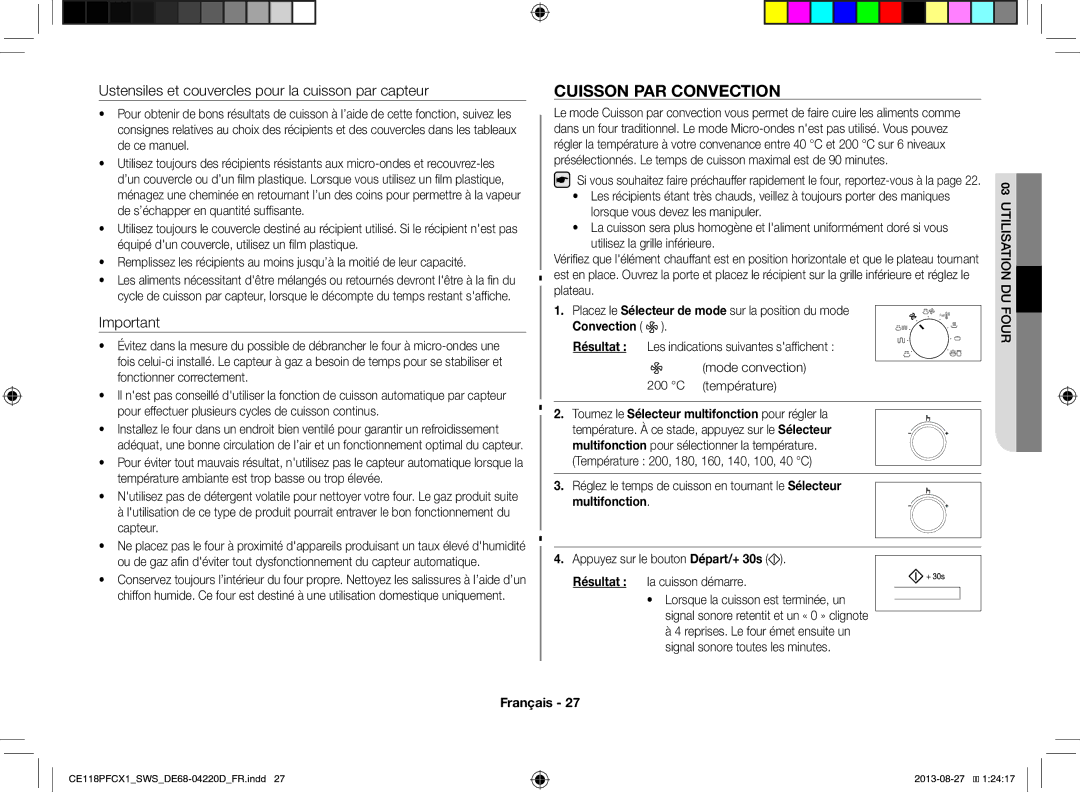 Samsung CE118PFCX1/SWS manual Cuisson PAR Convection, Pour effectuer plusieurs cycles de cuisson continus 