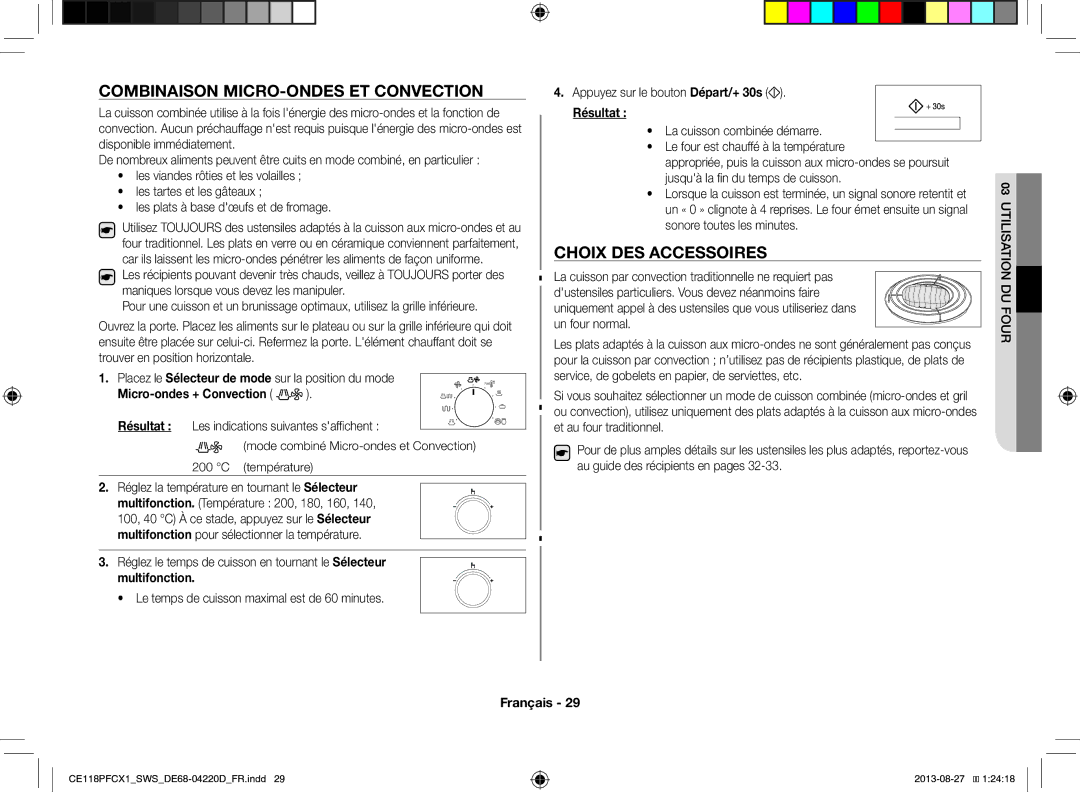 Samsung CE118PFCX1/SWS manual Combinaison MICRO-ONDES ET Convection, Choix DES Accessoires, Micro-ondes + Convection 