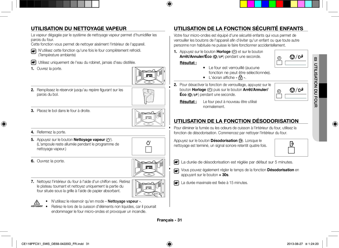 Samsung CE118PFCX1/SWS manual Utilisation DE LA Fonction Désodorisation, Arrêt/Annuler/Éco 