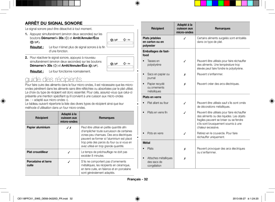 Samsung CE118PFCX1/SWS manual Guide des récipients, Arrêt DU Signal Sonore, Boutons Démarrer/+ 30s et Arrêt/Annuler/Éco 