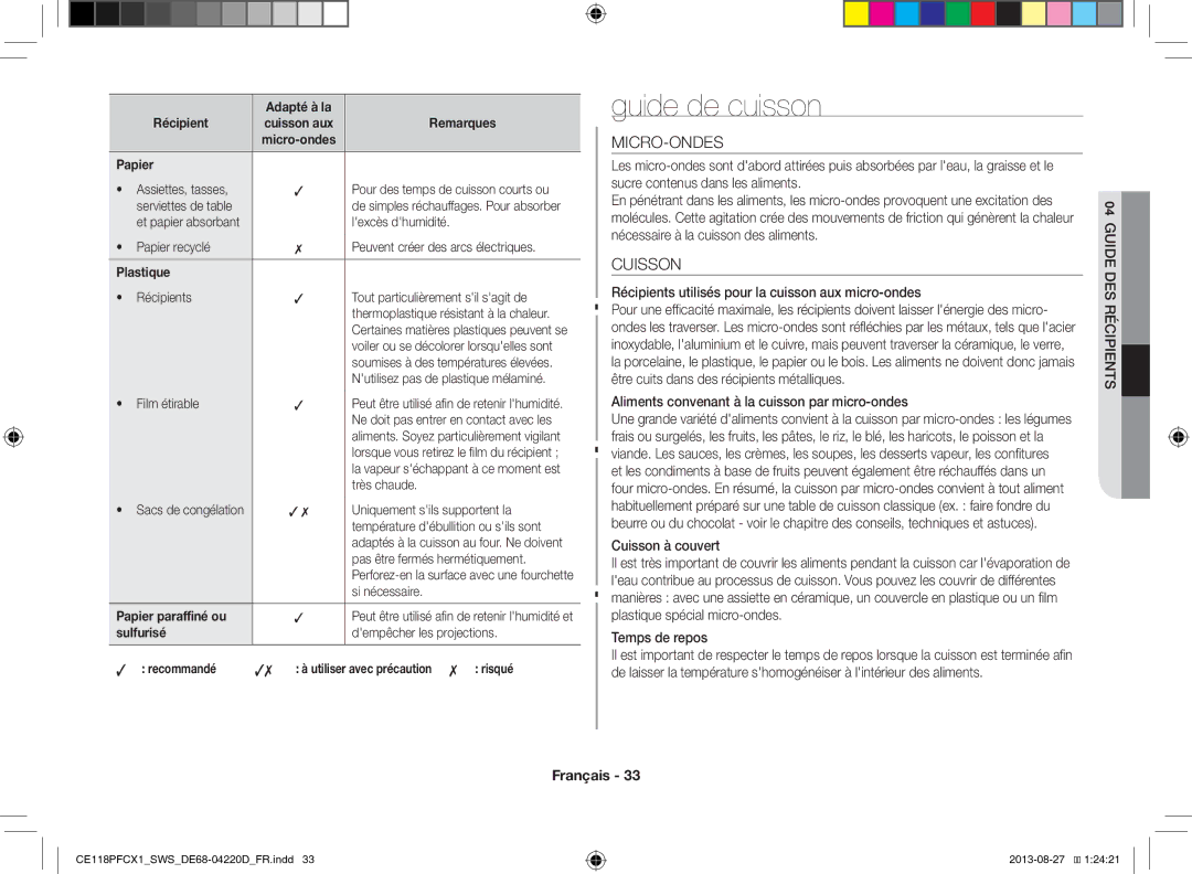 Samsung CE118PFCX1/SWS manual Guide de cuisson, Micro-Ondes, Cuisson, Guide DES Récipients 