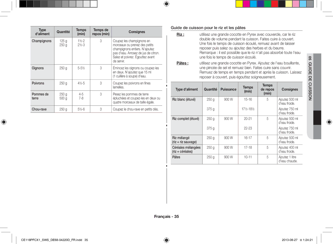 Samsung CE118PFCX1/SWS Guide de cuisson pour le riz et les pâtes, Guide DE Cuisson, Type Quantité Temps Temps de Consignes 