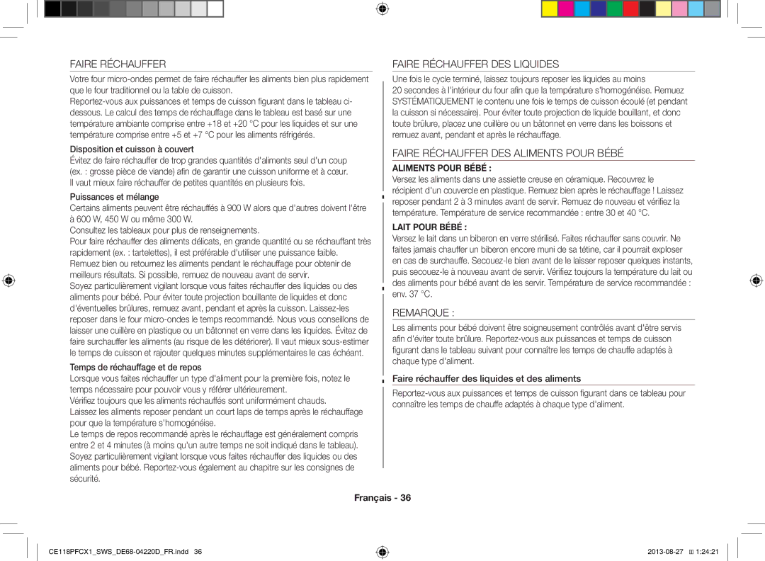 Samsung CE118PFCX1/SWS manual Faire Réchauffer DES Liquides, Faire Réchauffer DES Aliments Pour Bébé, Remarque 