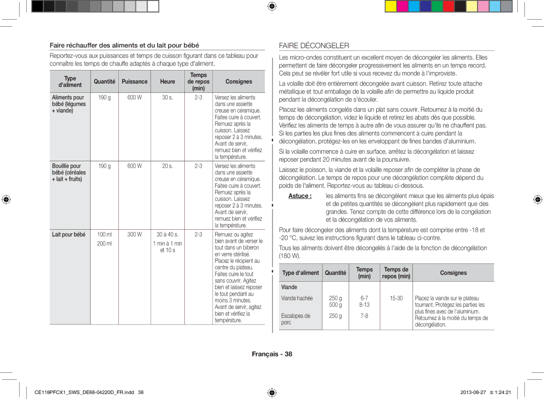 Samsung CE118PFCX1/SWS manual Faire Décongeler, Faire réchauffer des aliments et du lait pour bébé, Astuce 