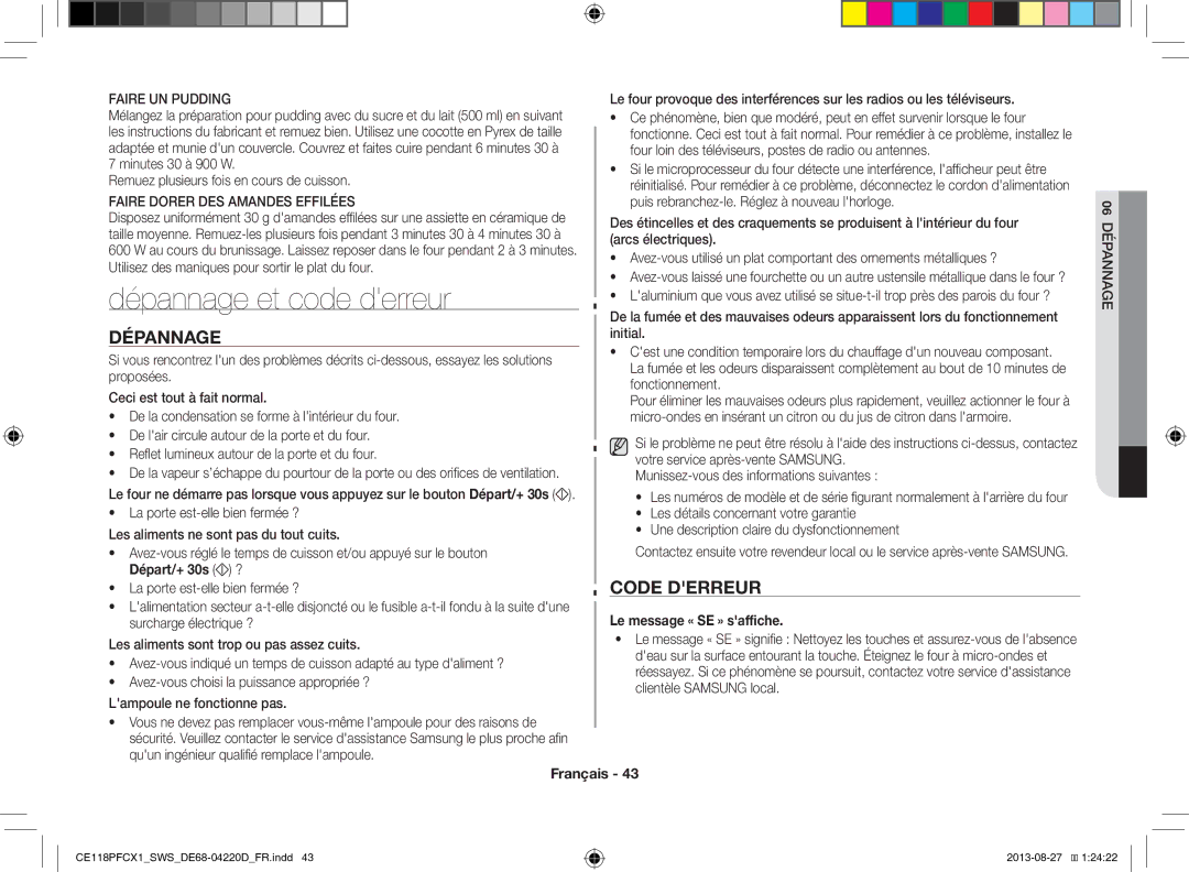 Samsung CE118PFCX1/SWS manual Dépannage et code derreur, Code Derreur, Le message « SE » saffiche 