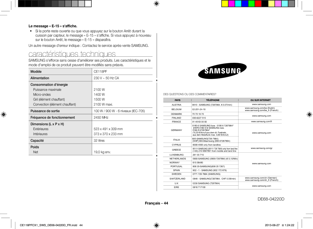 Samsung CE118PFCX1/SWS manual Caractéristiques techniques, Le message « E-15 » saffiche 