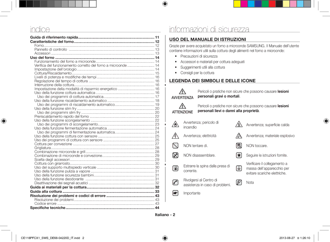 Samsung CE118PFCX1/SWS manual Informazioni di sicurezza, Attenzione, Nota, Italiano 