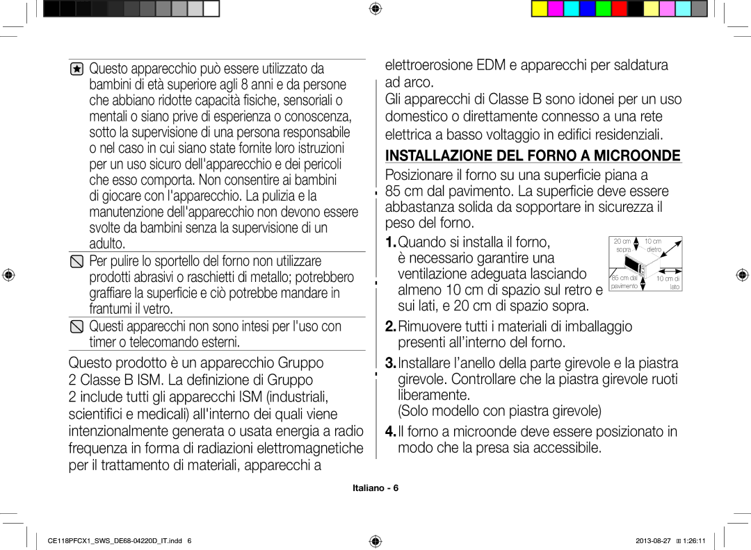 Samsung CE118PFCX1/SWS manual Elettroerosione EDM e apparecchi per saldatura ad arco, Installazione DEL Forno a Microonde 