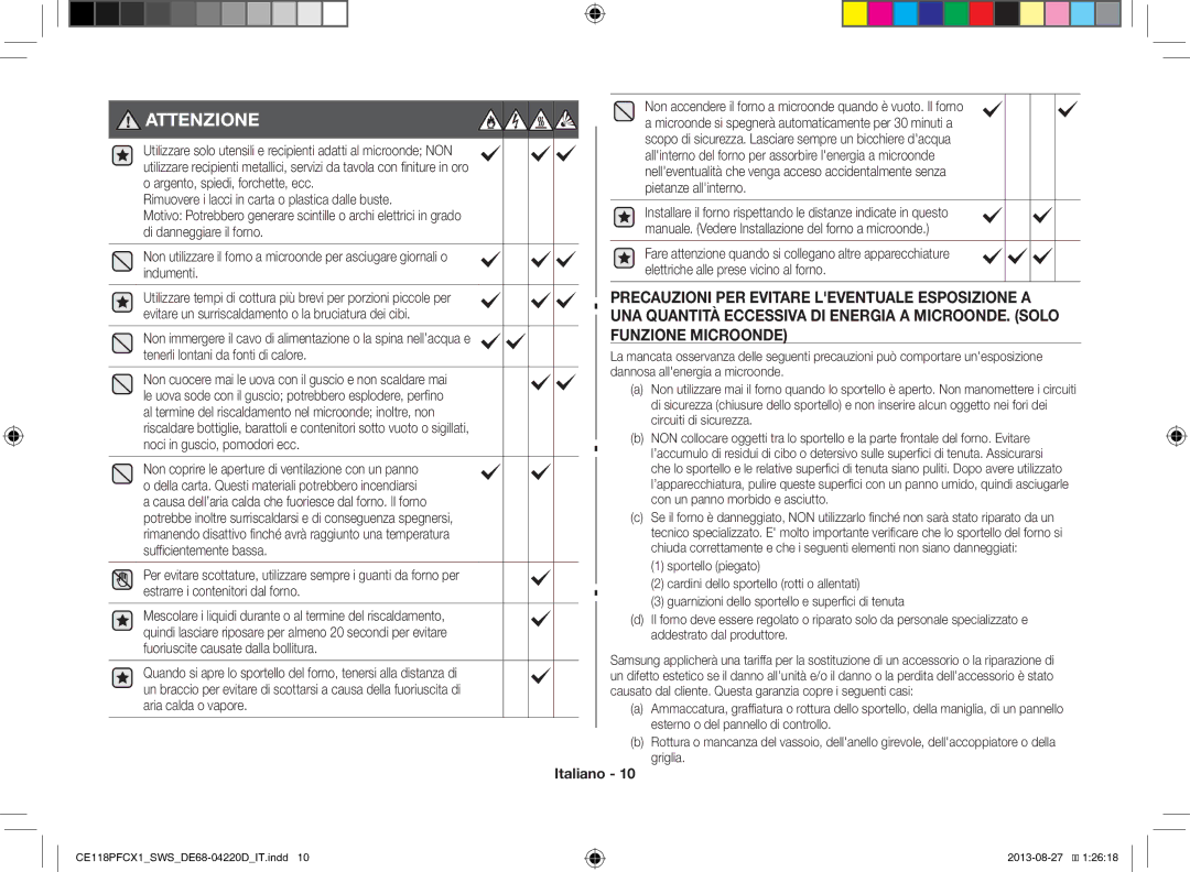 Samsung CE118PFCX1/SWS manual Attenzione 