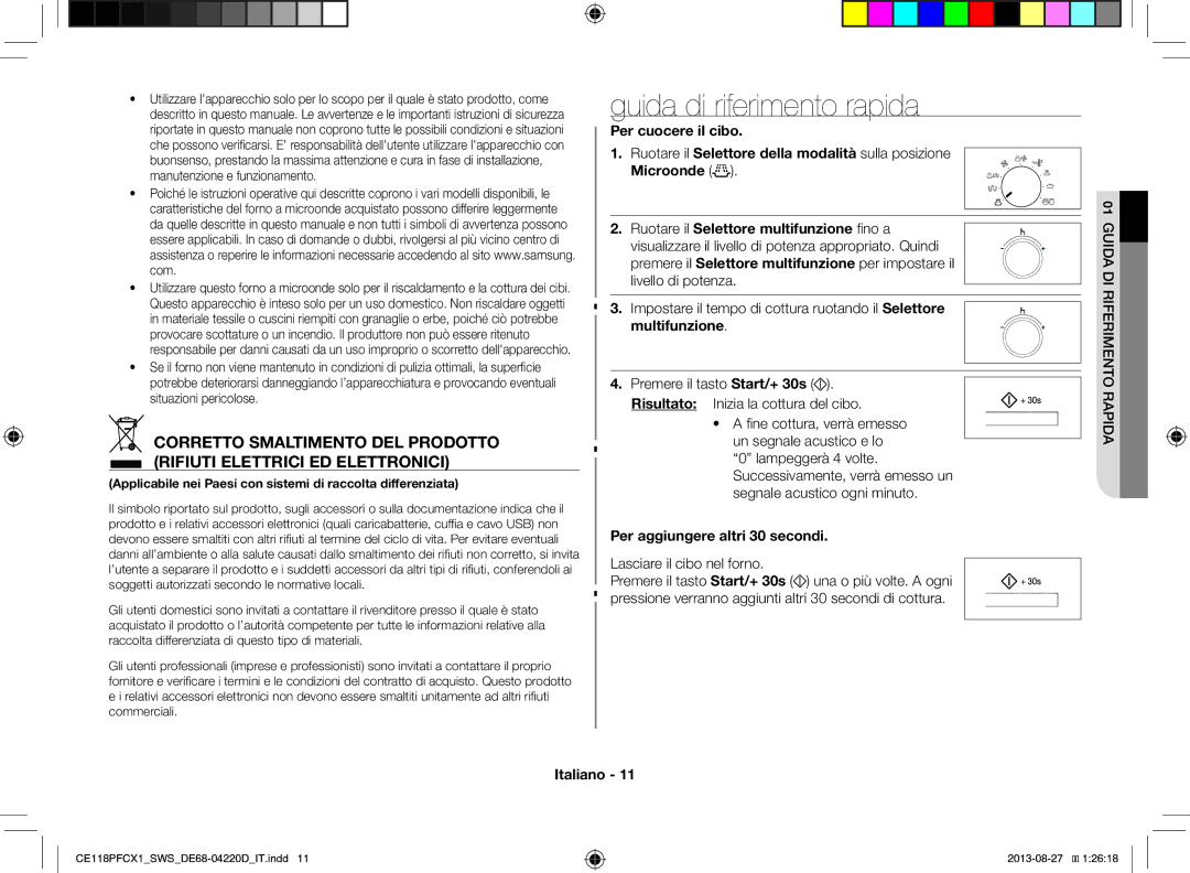 Samsung CE118PFCX1/SWS manual Guida di riferimento rapida, Per aggiungere altri 30 secondi, Lasciare il cibo nel forno 