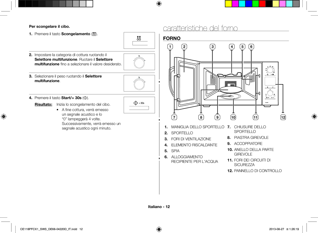 Samsung CE118PFCX1/SWS manual Caratteristiche del forno, Forno, Per scongelare il cibo, Segnale acustico ogni minuto 