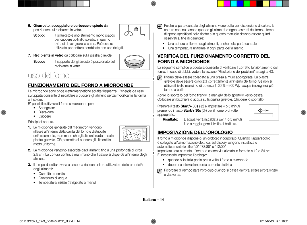 Samsung CE118PFCX1/SWS manual Verifica DEL Funzionamento Corretto DEL Forno a Microonde, Impostazione Dellorologio 