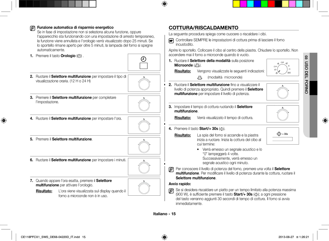 Samsung CE118PFCX1/SWS manual Cottura/Riscaldamento 