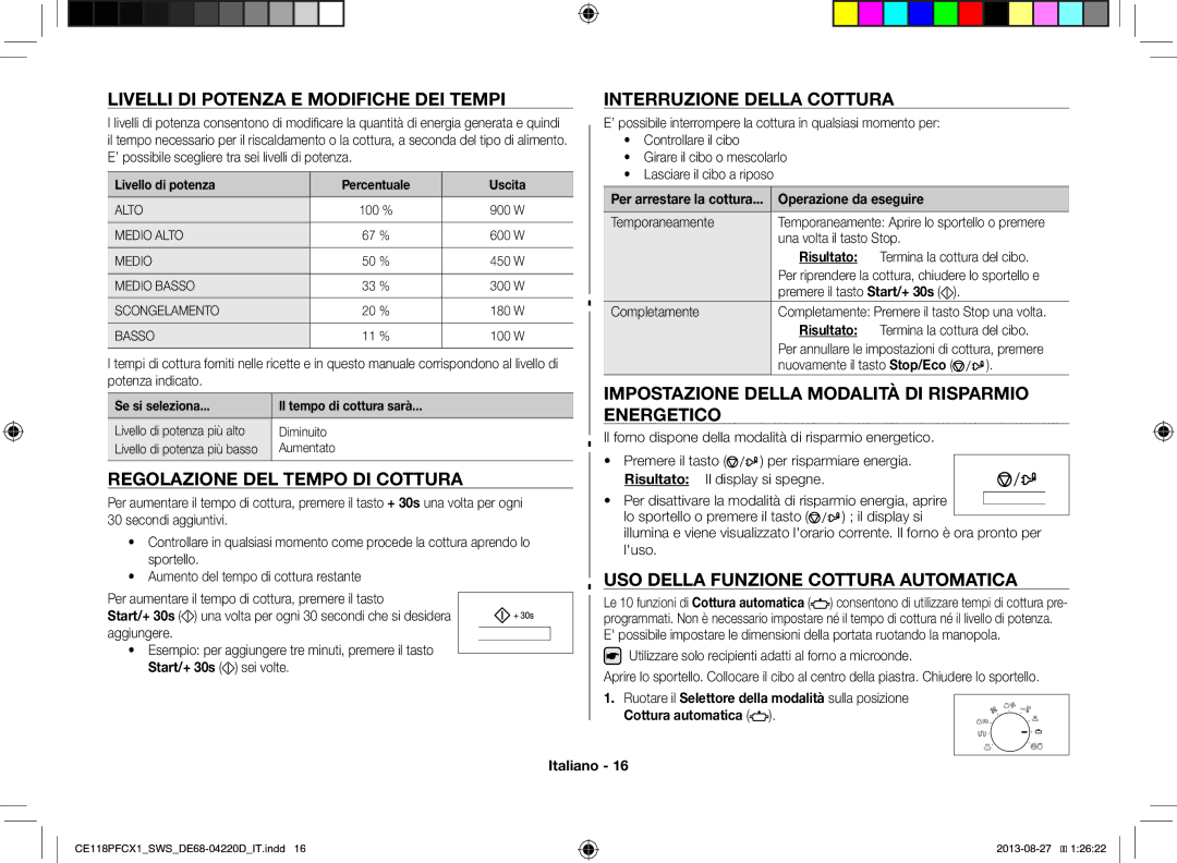 Samsung CE118PFCX1/SWS manual Livelli DI Potenza E Modifiche DEI Tempi, Regolazione DEL Tempo DI Cottura 