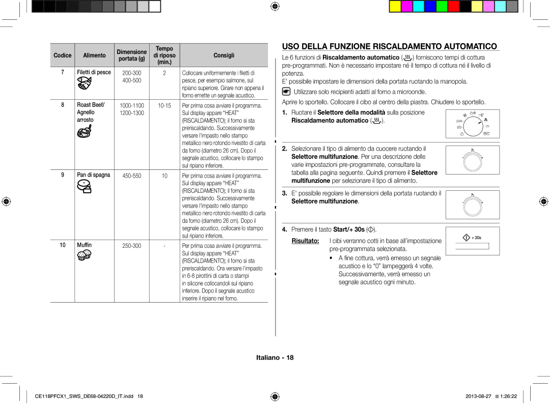 Samsung CE118PFCX1/SWS manual USO Della Funzione Riscaldamento Automatico, Tempo Codice Alimento 