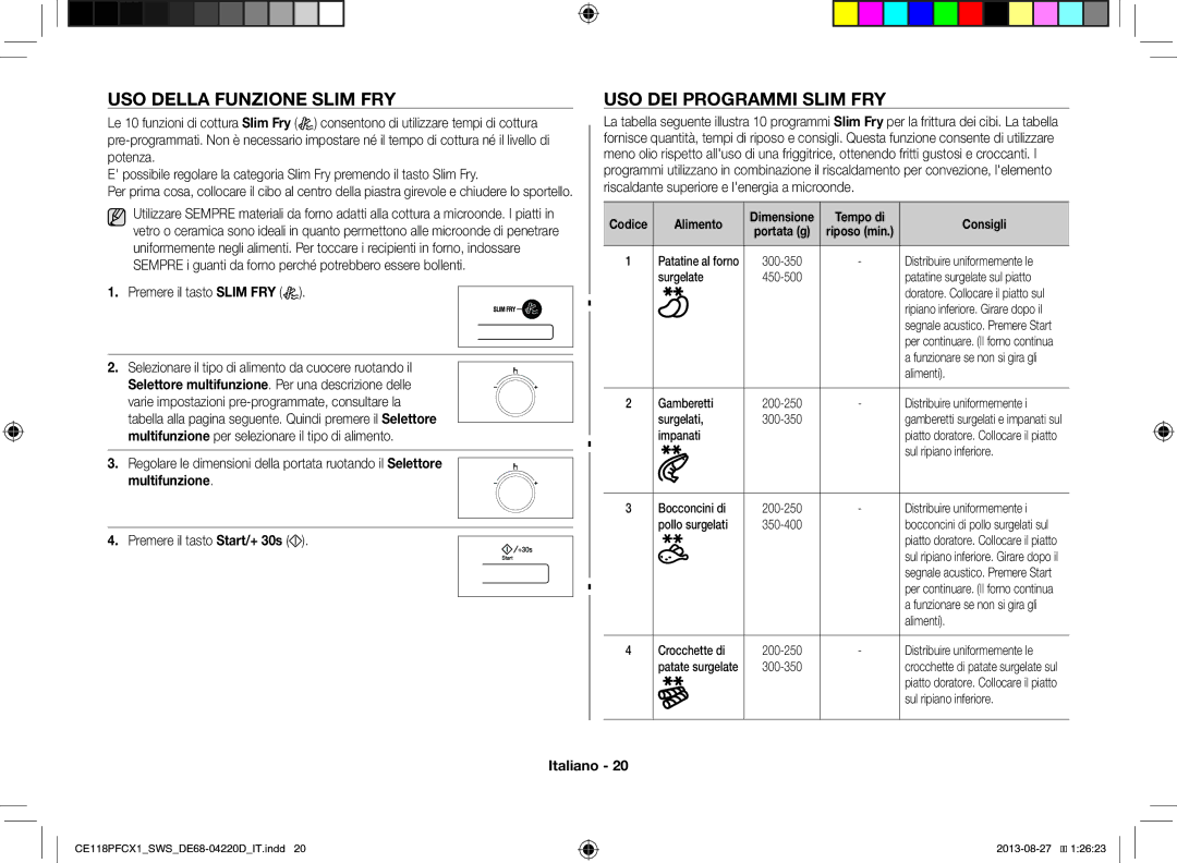 Samsung CE118PFCX1/SWS manual USO Della Funzione Slim FRY, USO DEI Programmi Slim FRY, Premere il tasto Slim FRY 