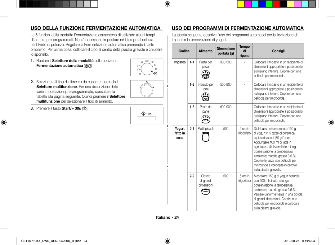 Samsung CE118PFCX1/SWS manual USO Della Funzione Fermentazione Automatica, USO DEI Programmi DI Fermentazione Automatica 