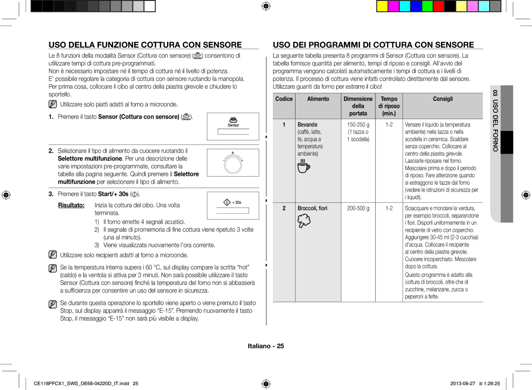 Samsung CE118PFCX1/SWS USO Della Funzione Cottura CON Sensore, USO DEI Programmi DI Cottura CON Sensore, Tempo Consigli 