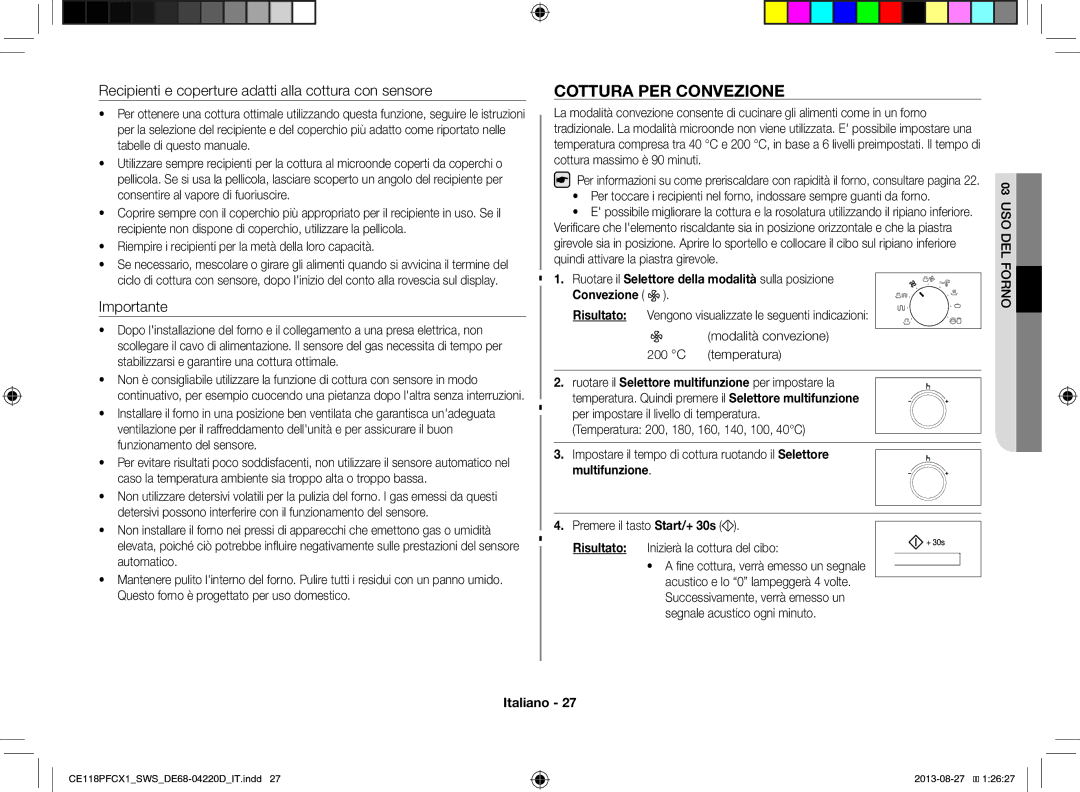 Samsung CE118PFCX1/SWS manual Cottura PER Convezione, Riempire i recipienti per la metà della loro capacità 