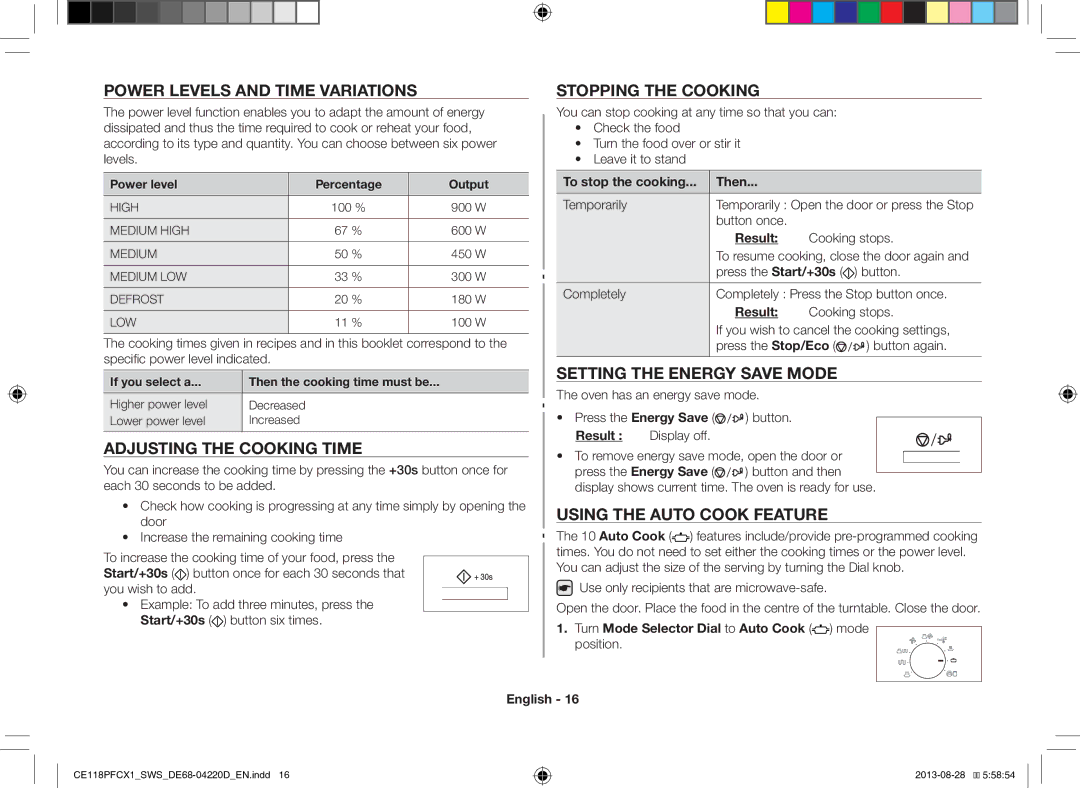 Samsung CE118PFCX1/SWS manual Power Levels and Time Variations, Adjusting the Cooking Time, Stopping the Cooking 