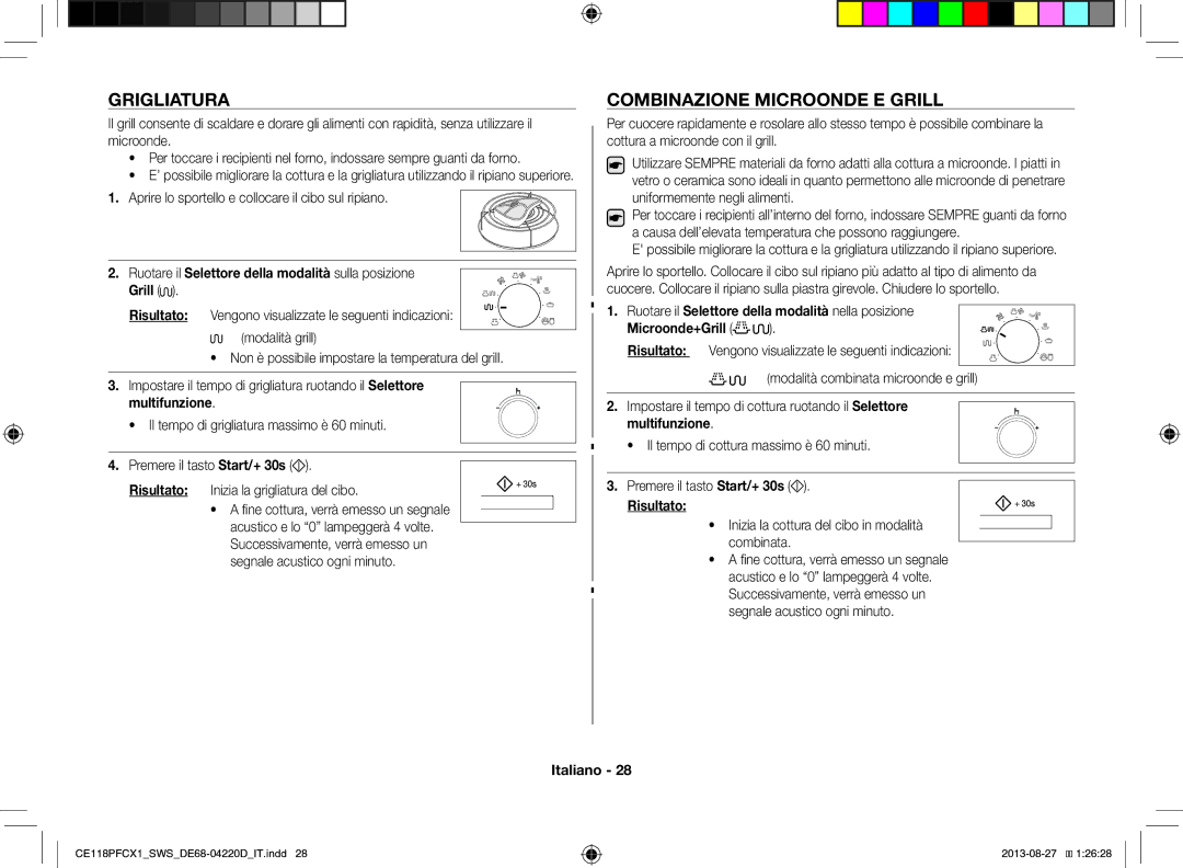 Samsung CE118PFCX1/SWS manual Grigliatura, Combinazione Microonde E Grill, Multifunzione 