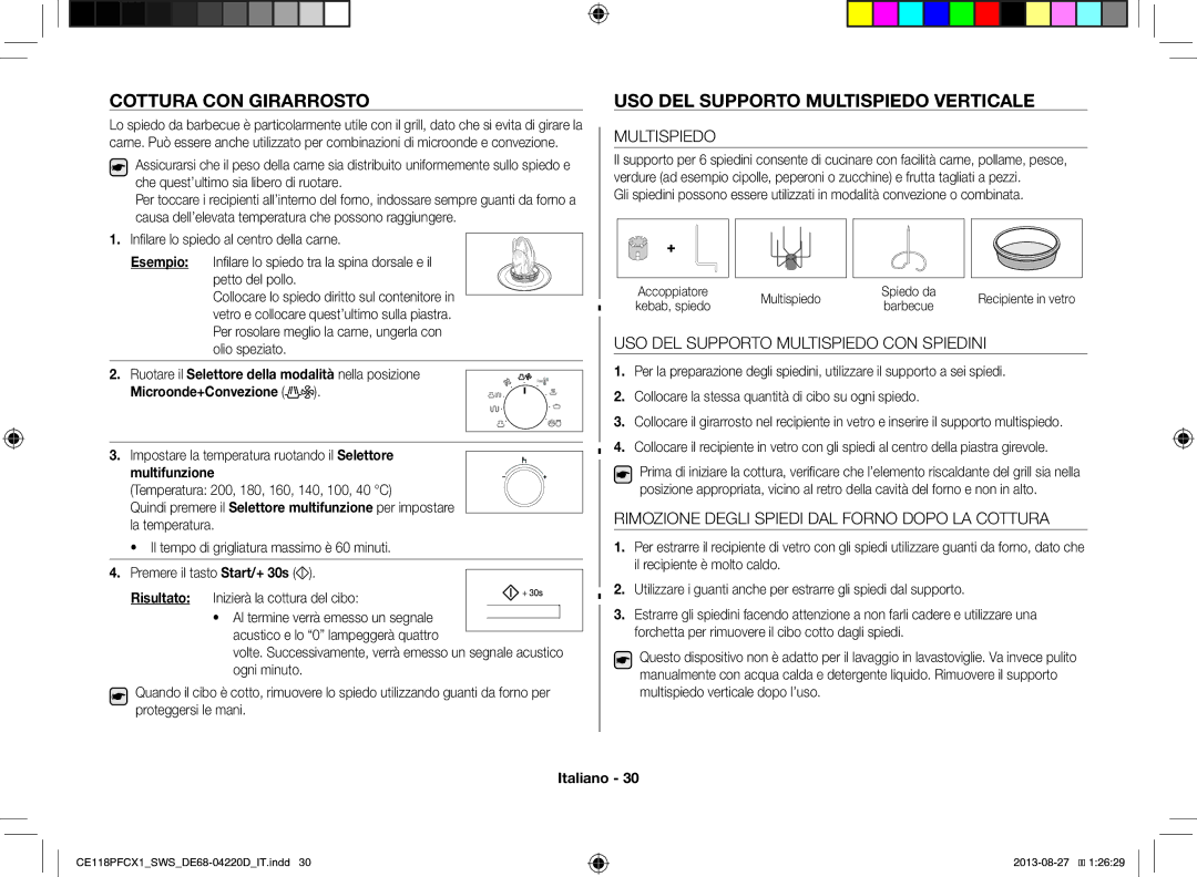 Samsung CE118PFCX1/SWS manual Cottura CON Girarrosto, USO DEL Supporto Multispiedo Verticale 