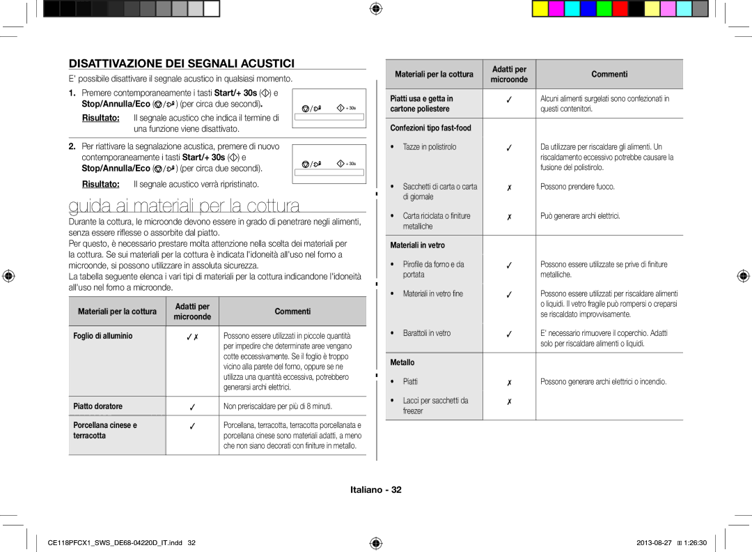 Samsung CE118PFCX1/SWS manual Guida ai materiali per la cottura, Disattivazione DEI Segnali Acustici 