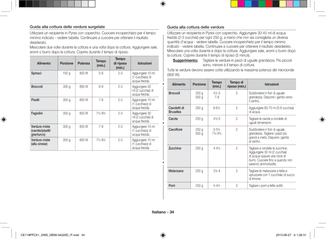 Samsung CE118PFCX1/SWS manual Guida alla cottura delle verdure, Tempo Alimento, Tempo Tempo di Istruzioni 