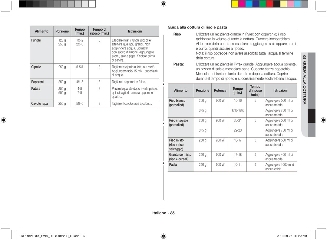 Samsung CE118PFCX1/SWS manual Guida alla cottura di riso e pasta, Riso, Della cottura, Pasta, Guida Alla Cottura 