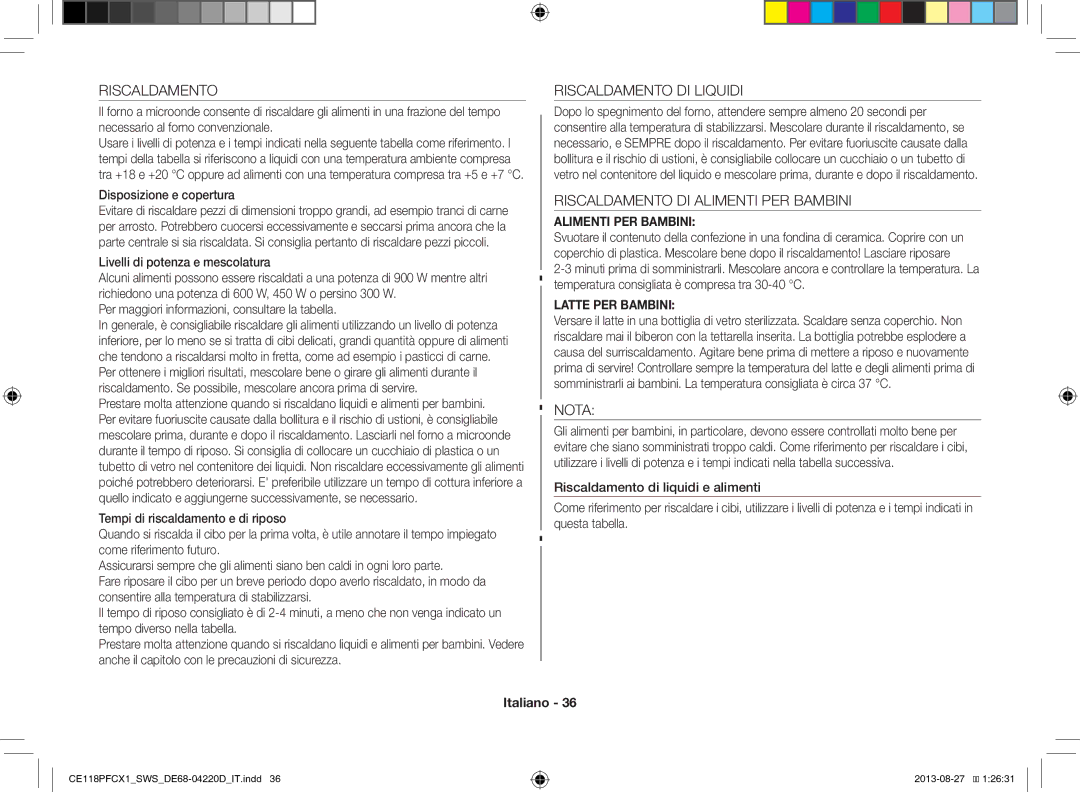 Samsung CE118PFCX1/SWS manual Riscaldamento DI Liquidi, Riscaldamento DI Alimenti PER Bambini, Nota 