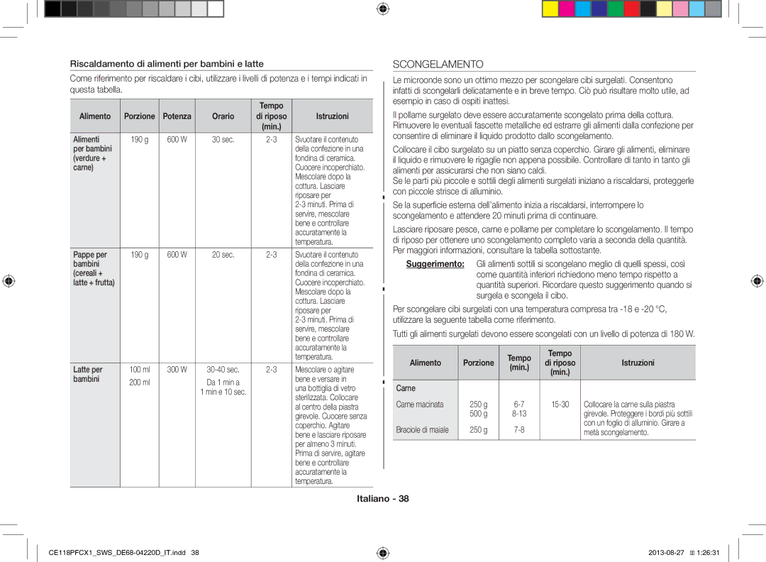 Samsung CE118PFCX1/SWS manual Scongelamento 