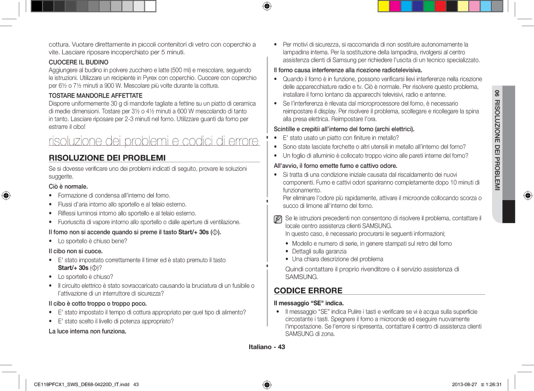 Samsung CE118PFCX1/SWS manual Risoluzione DEI Problemi, Codice Errore, Start/+ 30s ?, Il messaggio SE indica 