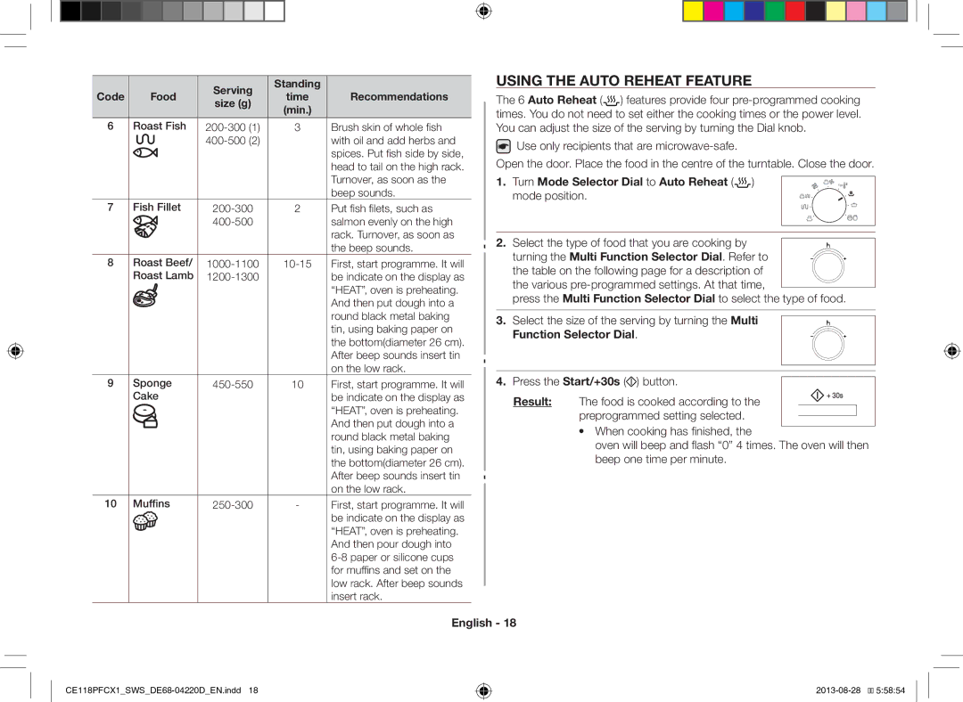 Samsung CE118PFCX1/SWS manual Using the Auto Reheat Feature, Turn Mode Selector Dial to Auto Reheat mode position 