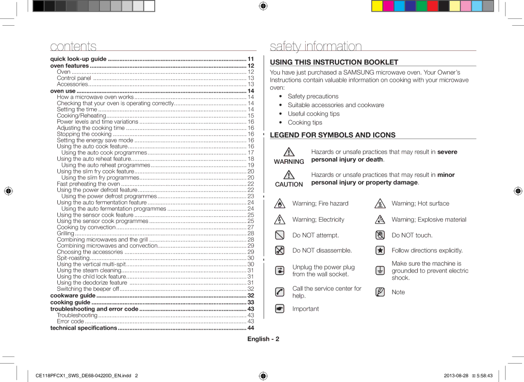 Samsung CE118PFCX1/SWS manual Safety information, Contents 