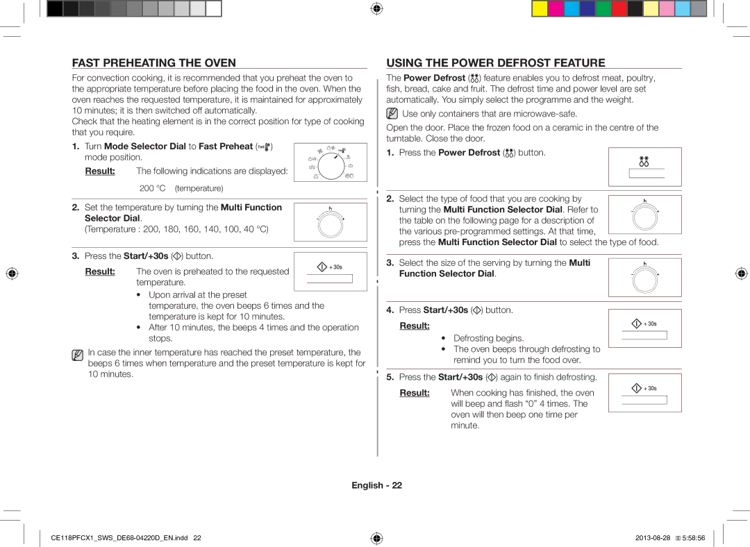 Samsung CE118PFCX1/SWS manual Fast Preheating the Oven, Using the Power Defrost Feature, Temperature 