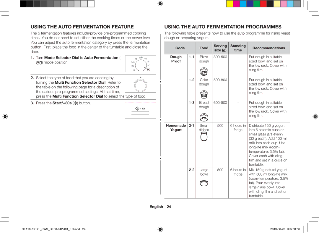 Samsung CE118PFCX1/SWS manual Using the Auto Fermentation Feature, Using the Auto Fermentation Programmes, Mode position 