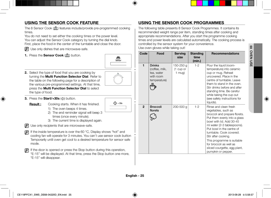 Samsung CE118PFCX1/SWS manual Using the Sensor Cook Feature, Using the Sensor Cook Programmes 