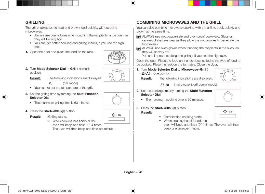 Samsung CE118PFCX1/SWS manual Grilling, Combining Microwaves and the Grill, Turn Mode Selector Dial to Grill mode position 