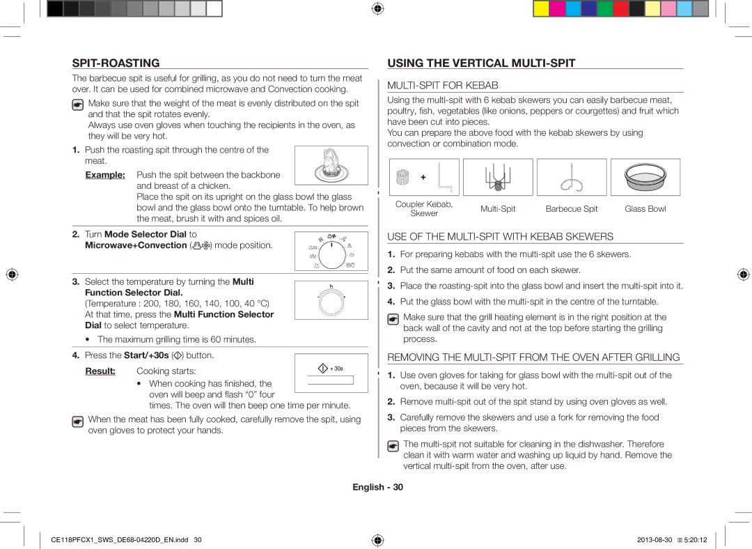 Samsung CE118PFCX1/SWS manual Spit-Roasting, Using the Vertical MULTI-SPIT, MULTI-SPIT for Kebab 