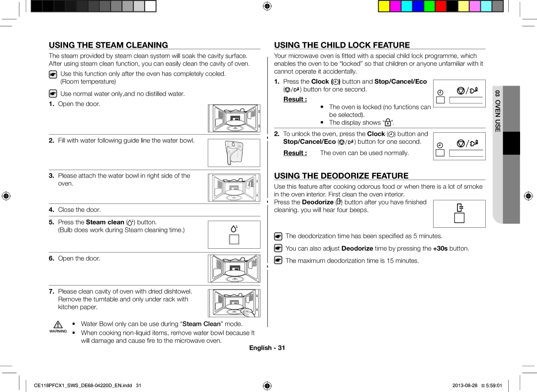 Samsung CE118PFCX1/SWS Using the Steam Cleaning Using the Child Lock Feature, Using the Deodorize Feature, Stop/Cancel/Eco 