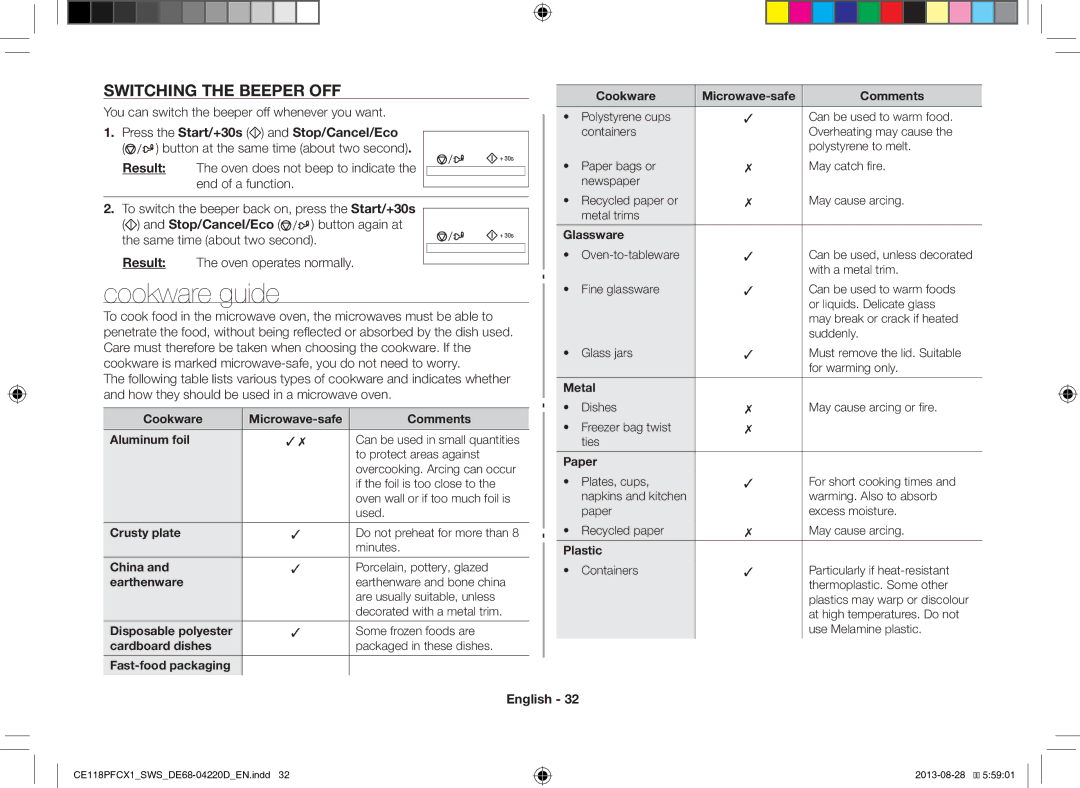 Samsung CE118PFCX1/SWS manual Cookware guide, Switching the Beeper OFF, You can switch the beeper off whenever you want 