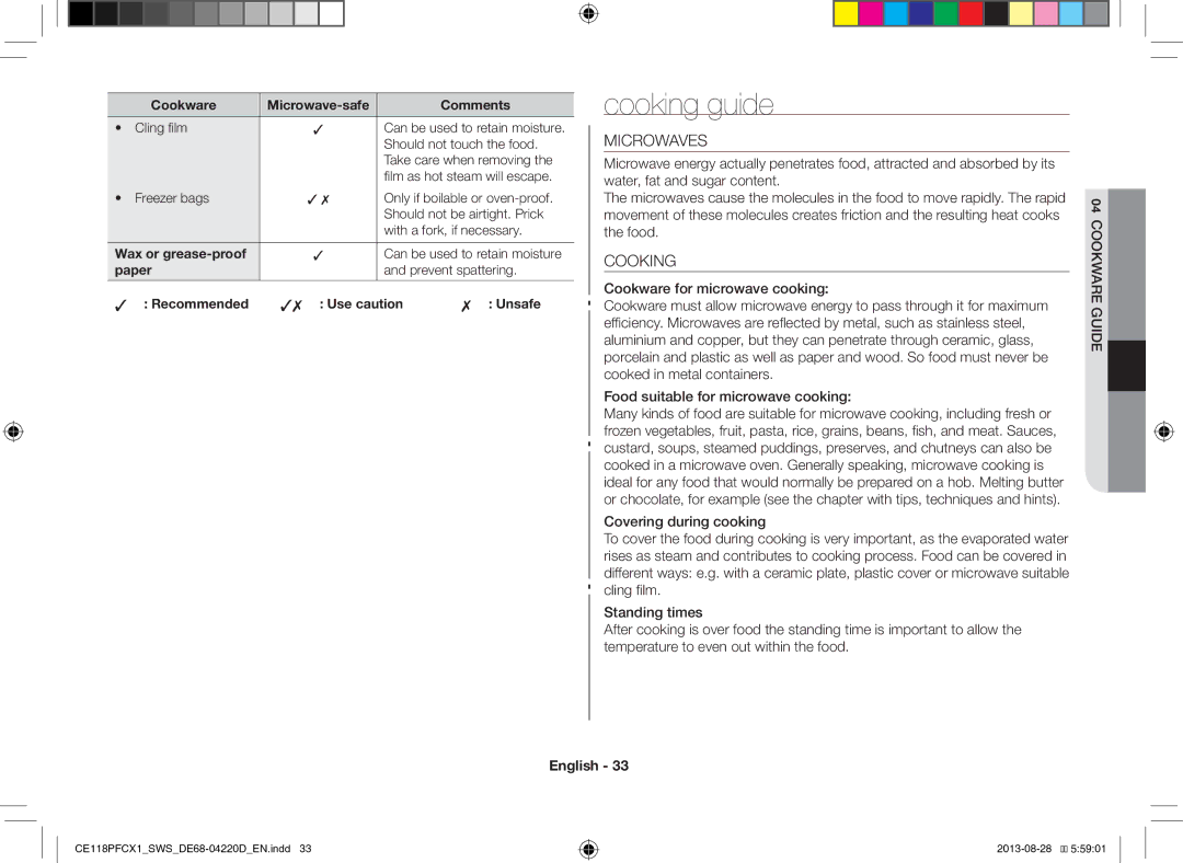 Samsung CE118PFCX1/SWS manual Cooking guide, Microwaves, Cookware Guide 